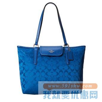 蔻驰（COACH）尼龙真皮拼接Signature Nylon 托特包 宝蓝色