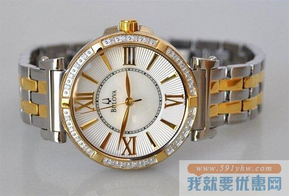 宝路华（Bulova） 98R167镶钻珍珠贝母表盘女士石英腕表