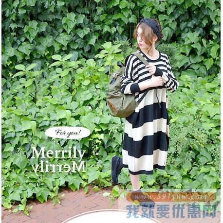 Merrily女士宽松版长款条纹针织衫  4色可选 均码