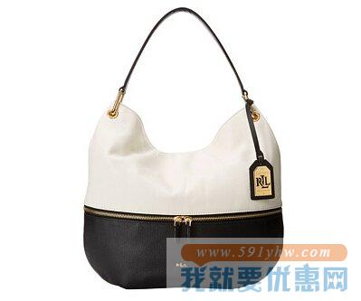 拉夫劳伦（Ralph lauren）拉链黑白撞色Meysey Hobo真皮饺子包