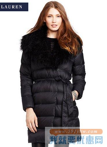拉夫劳伦（Ralph Lauren）Quilted Down Wrap Coat女士仿皮草领时尚羽绒服 黑色款