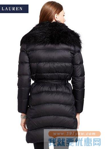 拉夫劳伦（Ralph Lauren）Quilted Down Wrap Coat女士仿皮草领时尚羽绒服 黑色款