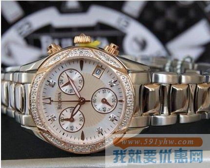 宝路华（Bulova）98R149女士玫瑰金三眼石英腕表