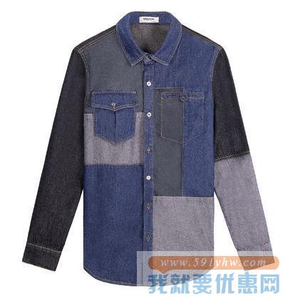 时尚拼接！viishow 混搭牛仔拼接长袖衬衫